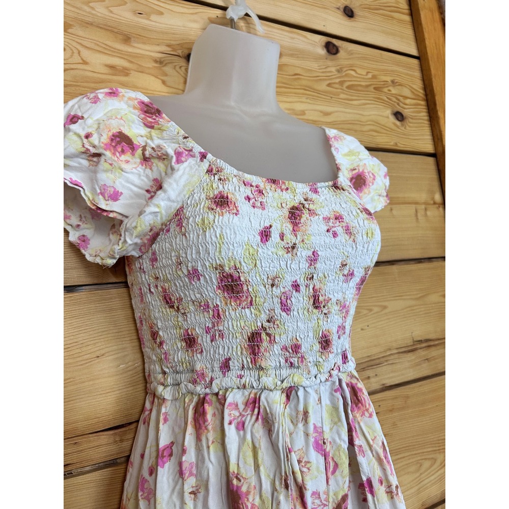 Floral High Low Romper Skort Dress Smocked Flutter Sleeve Pink Yellow Rose Print - Picture 7 of 13